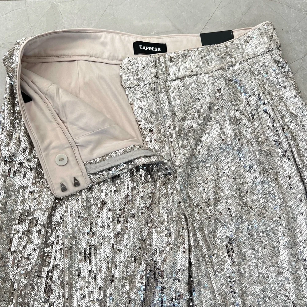 ♦️SOLD♦️EXPRESS Sequined Pleated High Rise Cropped Wide Leg Trousers Pants Sz M - Picture 10 of 16